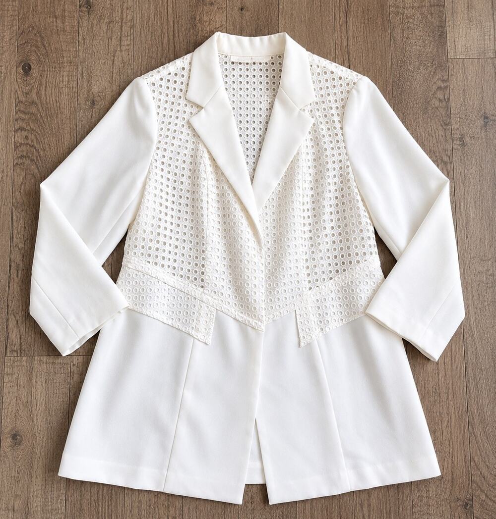 Chicos White Eyelet 3/4 Sleeve Collared Blazer Womens XL 16 Size 3 Tunic Jacket